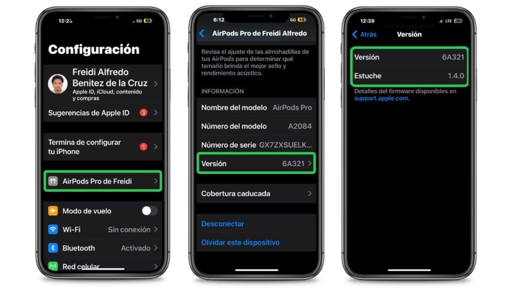 Como revisar las versión de los firmware de los AirPods